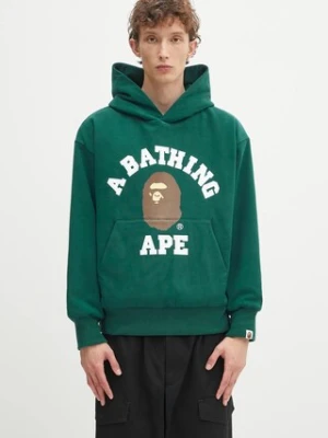 A Bathing Ape bluza bawełniana College puffy męska kolor zielony z kapturem z nadrukiem 1K80114012