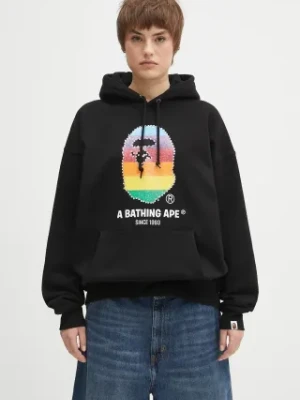 A Bathing Ape bluza bawełniana Crystal Ape Head Oversized Pullover damska kolor czarny z kapturem z nadrukiem 1L30214003