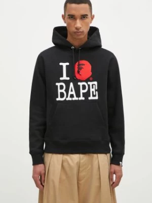 A Bathing Ape bluza bawełniana I Love Bape Pullover męska kolor czarny z kapturem z aplikacją 1K80114005