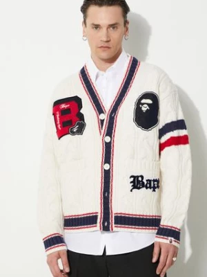 A Bathing Ape kardigan wełniany College Badges Knit Cardigan kolor biały 1J80120051