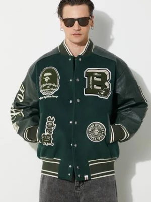 A Bathing Ape kurtka bomber wełniana Bape Patch Coach Jacket kolor zielony zimowa oversize 1J80141058