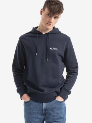 A.P.C. bluza bawełniana Leonard męska kolor granatowy z kapturem z nadrukiem COETM.H27692-DARKNAVY