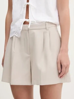 Abercrombie & Fitch szorty damskie kolor beżowy gładkie high waist KI149-5208