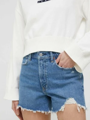 Abercrombie & Fitch szorty jeansowe damskie kolor niebieski gładkie high waist