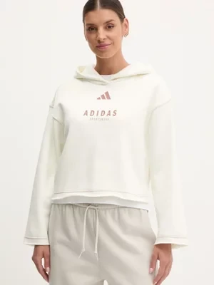 adidas bluza ALL SZN Graphic damska kolor beżowy z kapturem z nadrukiem JJ4517