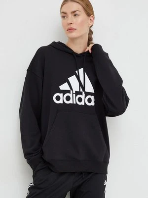 adidas bluza bawełniana damska kolor czarny z kapturem z nadrukiem