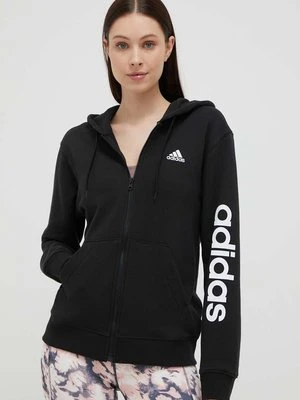 adidas bluza bawełniana damska kolor czarny z kapturem z nadrukiem