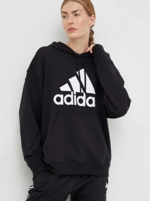 adidas bluza bawełniana damska kolor czarny z kapturem z nadrukiem