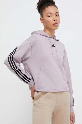 adidas bluza damska kolor fioletowy z kapturem z aplikacją IS3886