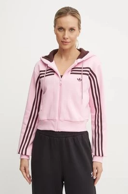 adidas Originals bluza 70s Short Fullzip Fleece Hoodie damska kolor różowy z kapturem z aplikacją JN7665