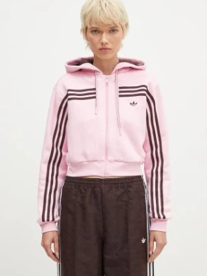 adidas Originals bluza 70s Short Fullzip Fleece Hoodie damska kolor różowy z kapturem z aplikacją JN7665