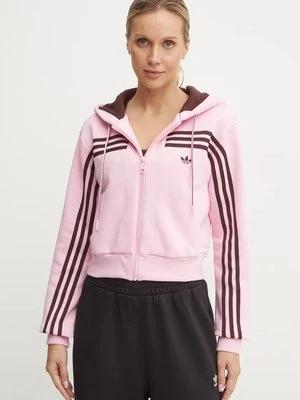 adidas Originals bluza 70s Short Fullzip Fleece Hoodie damska kolor różowy z kapturem z aplikacją JN7665