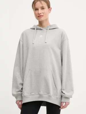 adidas Originals bluza bawełniana Essential damska kolor szary z kapturem z aplikacją IY9616