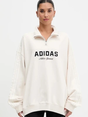 adidas Originals bluza bawełniana Quarter Zip damska kolor beżowy z kapturem z aplikacją KF2310