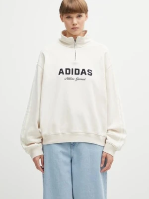 adidas Originals bluza bawełniana Quarter Zip damska kolor beżowy z kapturem z aplikacją KF2310