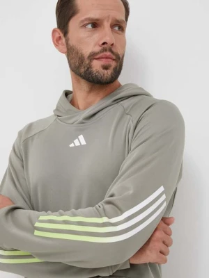 adidas Performance bluza treningowa Train Icons kolor zielony z kapturem z nadrukiem