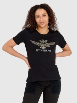 AERONAUTICA MILITARE Czarny bawełniany t-shirt damski z orłem wykonanym z dżetów, Rozmiar S