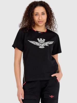 AERONAUTICA MILITARE Czarny luźny t-shirt damski z wypukłym orłem Comfort Fit