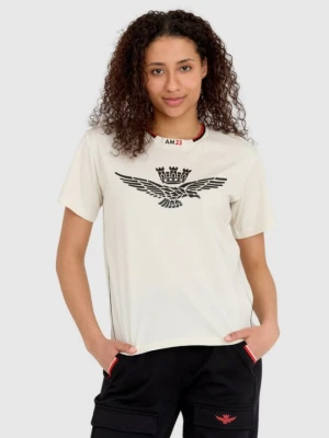 AERONAUTICA MILITARE Kremowy bawełniany luźny t-shirt damski z wypukłym orłem Comfort Fit, Rozmiar XS