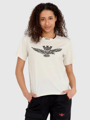 AERONAUTICA MILITARE Kremowy luźny t-shirt damski z wypukłym orłem Comfort Fit