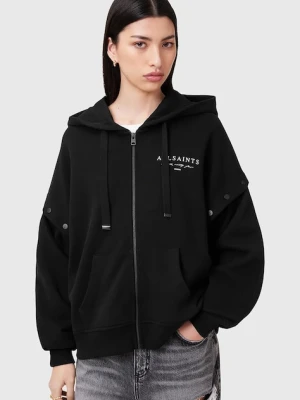 AllSaints bluza bawełniana AROMA damska kolor czarny z kapturem z nadrukiem W134JC