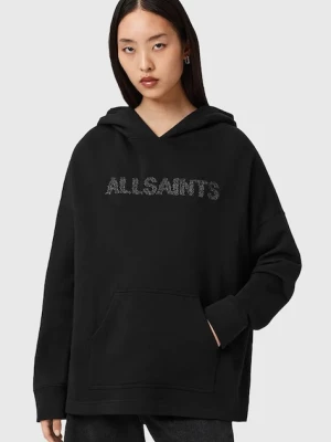 AllSaints bluza bawełniana damskie kolor czarny z kapturem z nadrukiem W118JD