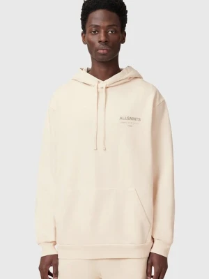 AllSaints bluza bawełniana UNDERGROUND męska kolor beżowy z kapturem z nadrukiem M034NB
