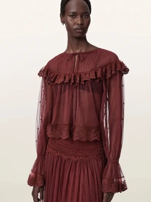 AllSaints bluzka z falbanką damska koronkowa UNRULY SUSIE LS TEE bordowy
