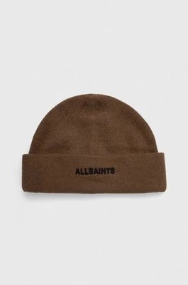 AllSaints czapka z domieszką wełny kolor brązowy z grubej dzianiny