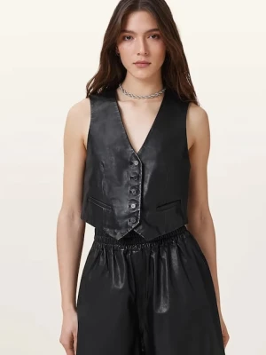 AllSaints kamizelka skórzana ARLA kolor czarny jednorzędowa W124PC