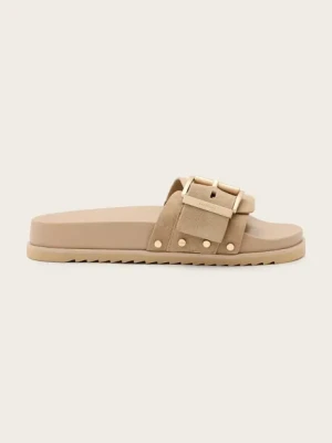 AllSaints klapki skórzane Ellie Stud Slider damskie kolor beżowy W040FC