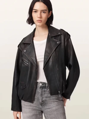 AllSaints krótka kurtka damska skórzana SAMINA czarny