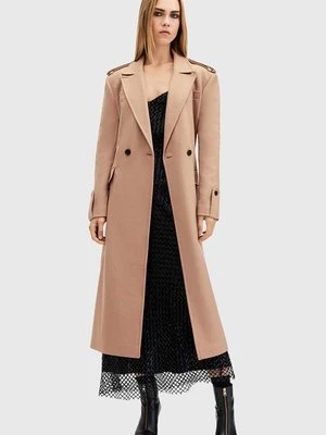 AllSaints płaszcz wełniany AUGUSTA kolor beżowy przejściowy dwurzędowy W058OA