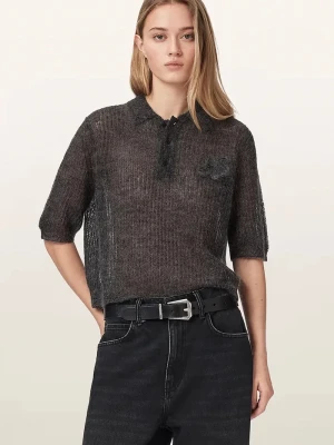 AllSaints polo swetrowe damskie z wełną ANABEL POLO TEE szary