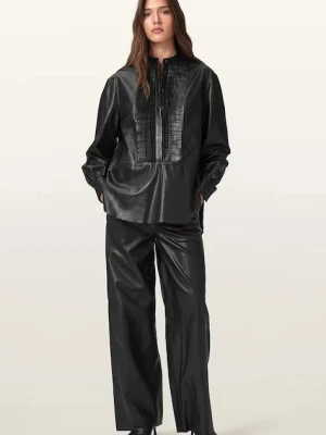 AllSaints spodnie skórzane ASH damskie kolor czarny szerokie high waist W028TD