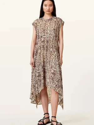AllSaints sukienka ARWEN kolor beżowy midi rozkloszowana W104DC