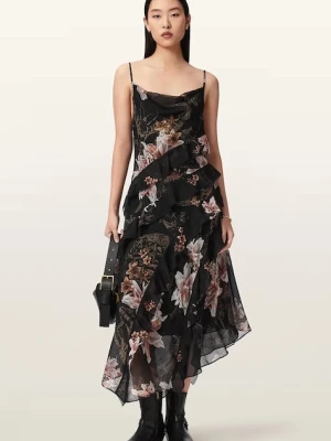 AllSaints sukienka asymetryczna z dodatkiem jedwabiu RUTH