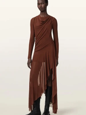AllSaints sukienka bodycon bawełniana z elastanem LORIA brązowy