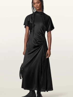 AllSaints sukienka rozkloszowana z jedwabiem ROSIE czarny