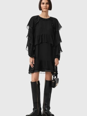 AllSaints sukienka z dodatkiem jedwabiu LISSIE kolor czarny mini rozkloszowana W100DD