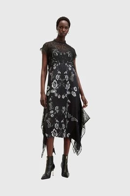 AllSaints sukienka z domieszką jedwabiu GIAN DRESS kolor czarny midi rozkloszowana W026DB