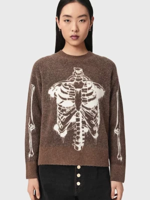 AllSaints sweter damski z wełną merino RIBSPILL brązowy