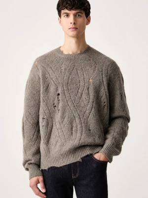 AllSaints sweter męski z wełną merino NIKO brązowy