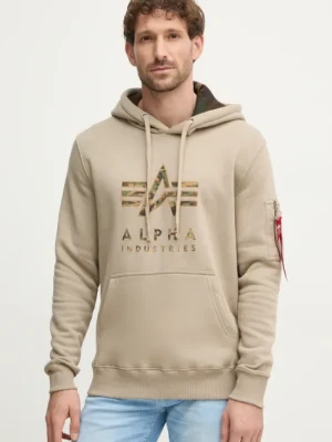 Alpha Industries bluza męska kolor beżowy z kapturem z nadrukiem 146337