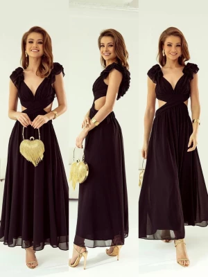 Amber sukienka czarna elegancka na wesele maxi z rozcięciem i falbanami Fiore