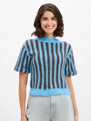 american vintage Damski sweter z krótkim rękawem z alpaką - Nenybay Kobiety niebieski|brązowy w paski,
