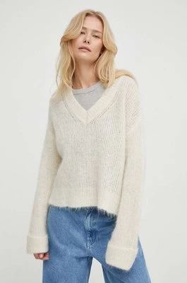 American Vintage sweter wełniany PULL ML COL V damski kolor beżowy BYM18AE24