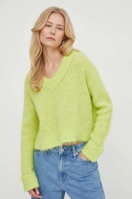 American Vintage sweter wełniany PULL ML COL V damski kolor zielony BYM18AE24