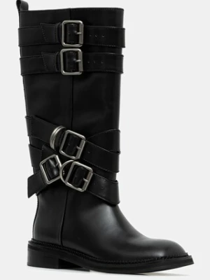 Andersson Bell kozaki skórzane Layered Strap Boots damskie kolor czarny na płaskim obcasie aaa483w