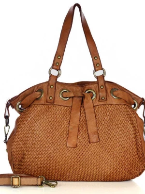 ANDŻELA - Włoska Oryginalna torebka z wiązaniem ze skóry naturalnej vintage shopper- brąz camel Merg